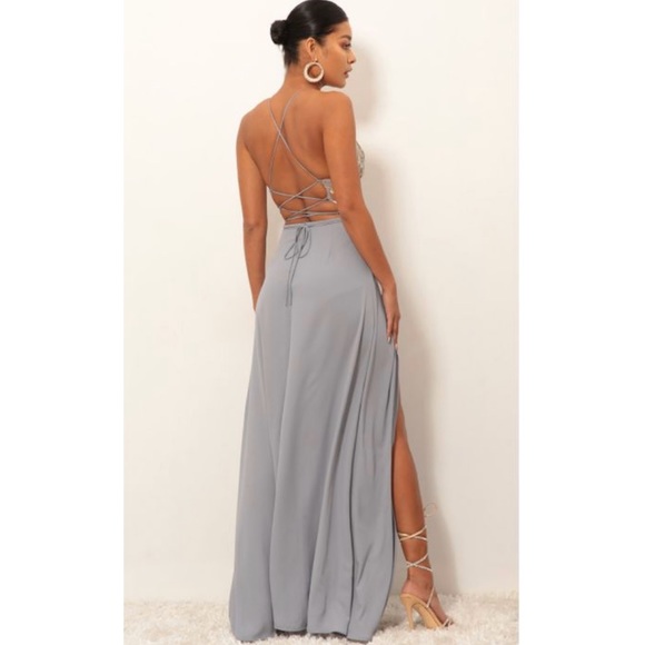loveable gold lace maxi dress in grey